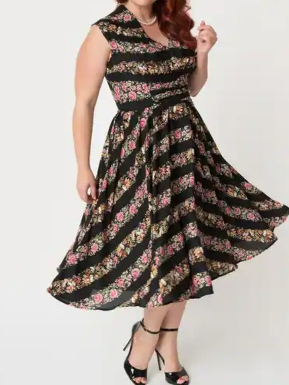 Unique Vintage Black Floral Midi Dress with Pink Roses